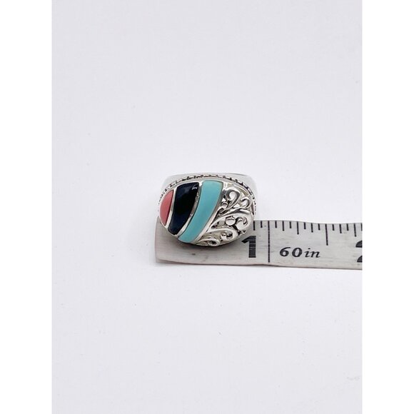 Vintage 925 Sterling Silver Inlay Ring SZ 6.5 Turquoise Onyx Coral Southwest - Picture 5 of 11